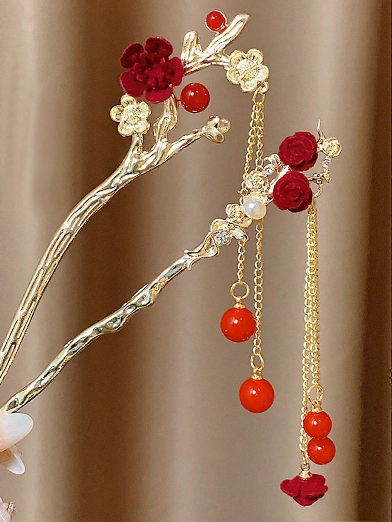 2 قطعة من النمط الصيني النبيذ الأحمر المخملي الأزهار شرابة مقاطع الشعر ، مناسبة للنساء في الخريف / الشتاء ، السفر ، عارضة ، تصوير فوتوغرافي ، عطلة ، حفلة ، / هوليدا