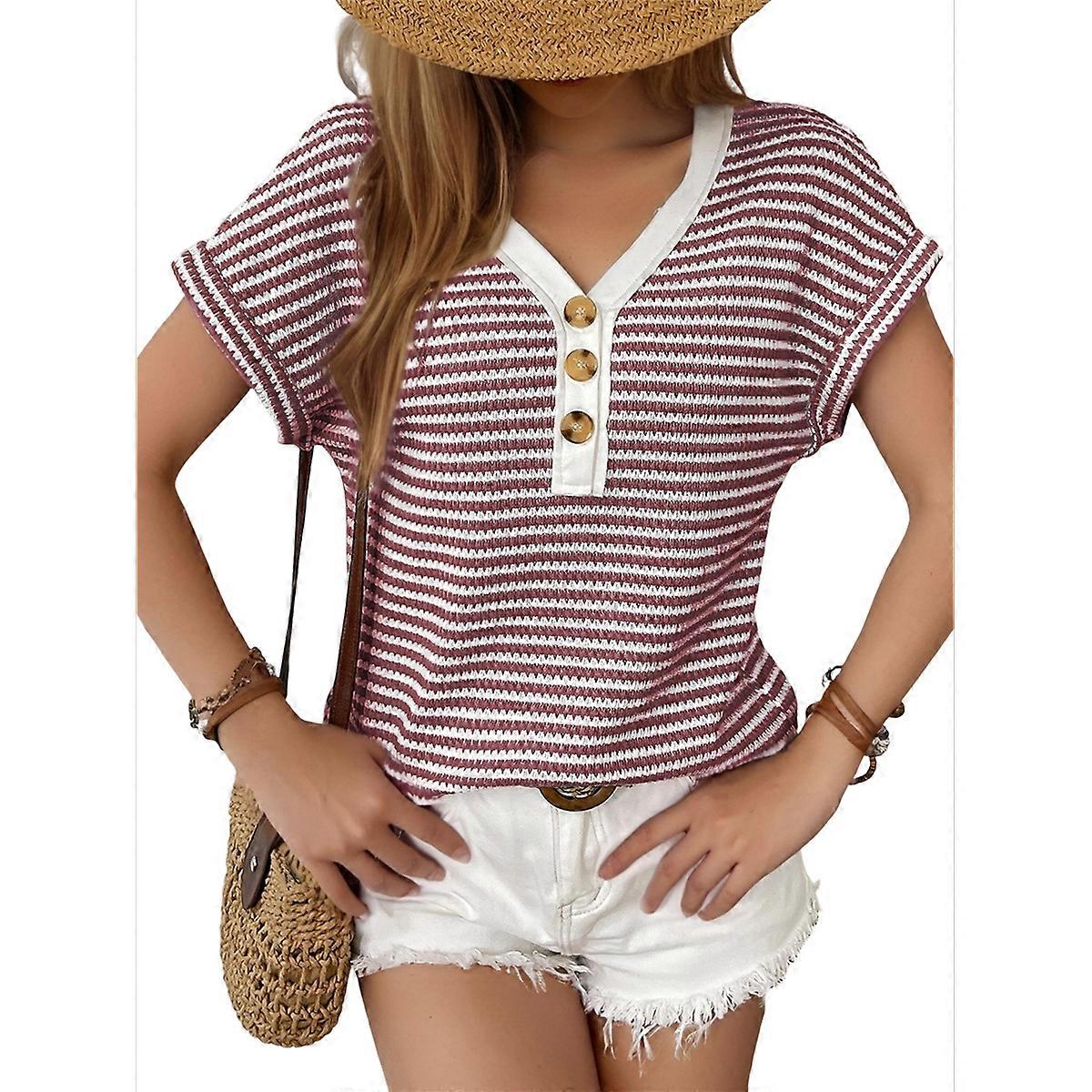 Womens Short Sleeve Buttons Tops Wine Red XL