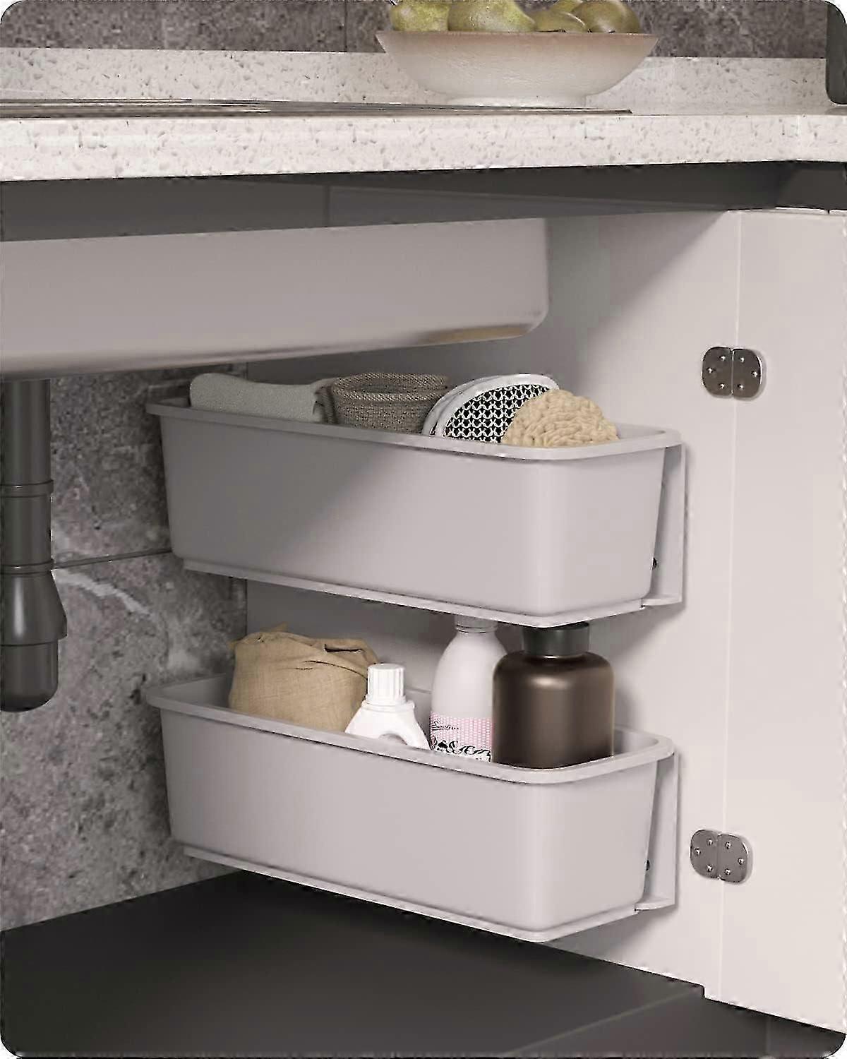 2 pcs Sliding Basket Cabinet for Kitchen Bathroom Pull Out Wall Mounted Storage Baskets Grey