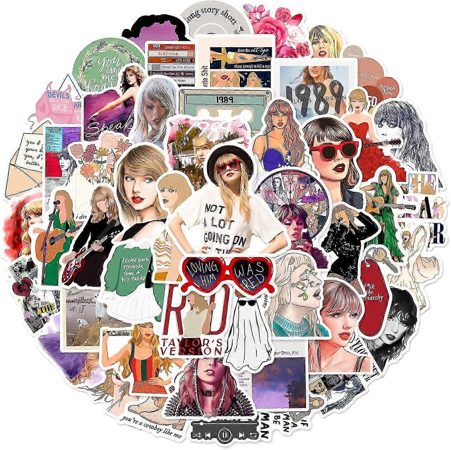50 Pack Waterproof Taylor Stickers, Swift Stickers for Reds, for Water Bottles, Book, Laptop, Guitar, Skateboard, Suitcase, Music Fans