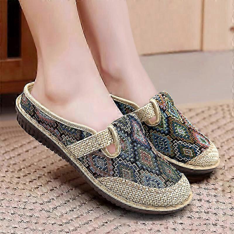 Women's Geometric Closed Toe Mules, Round Toe Non-slip Linen Cloges, Casual Slides Shoes