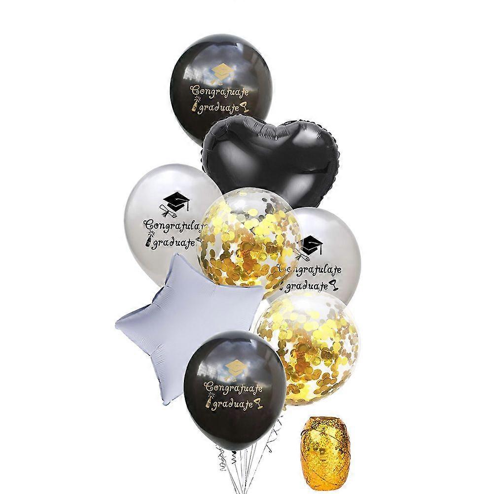 1 Set of 9pcs Congratulate Graduate Balloons Latex Sequins Balloons Party Decor with Ribbon (Golden and Black)