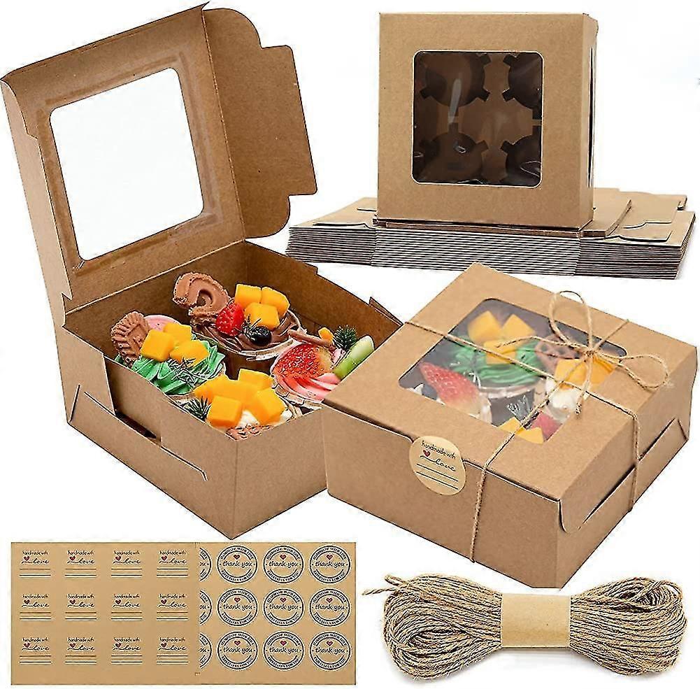 20-Pack 4-Hole Kraft Paper Cupcake Boxes with Window & Inserts