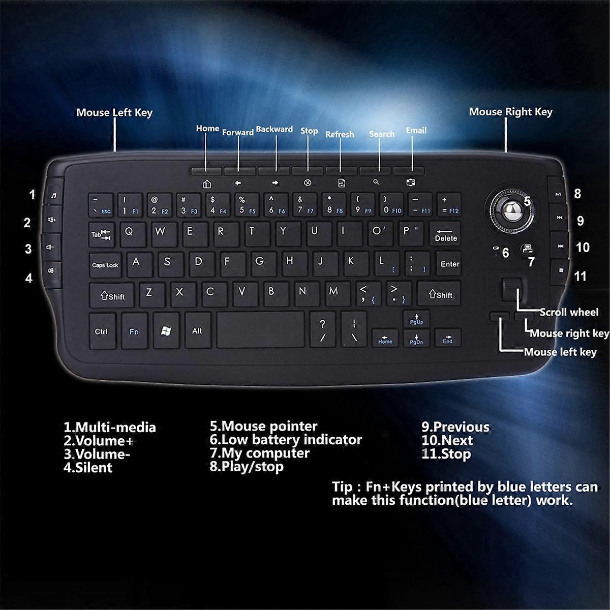 2.4G Wireless Ergonomic Mini Keyboard Gaming Keyboard with 15 Multimedia Keys and Trackball