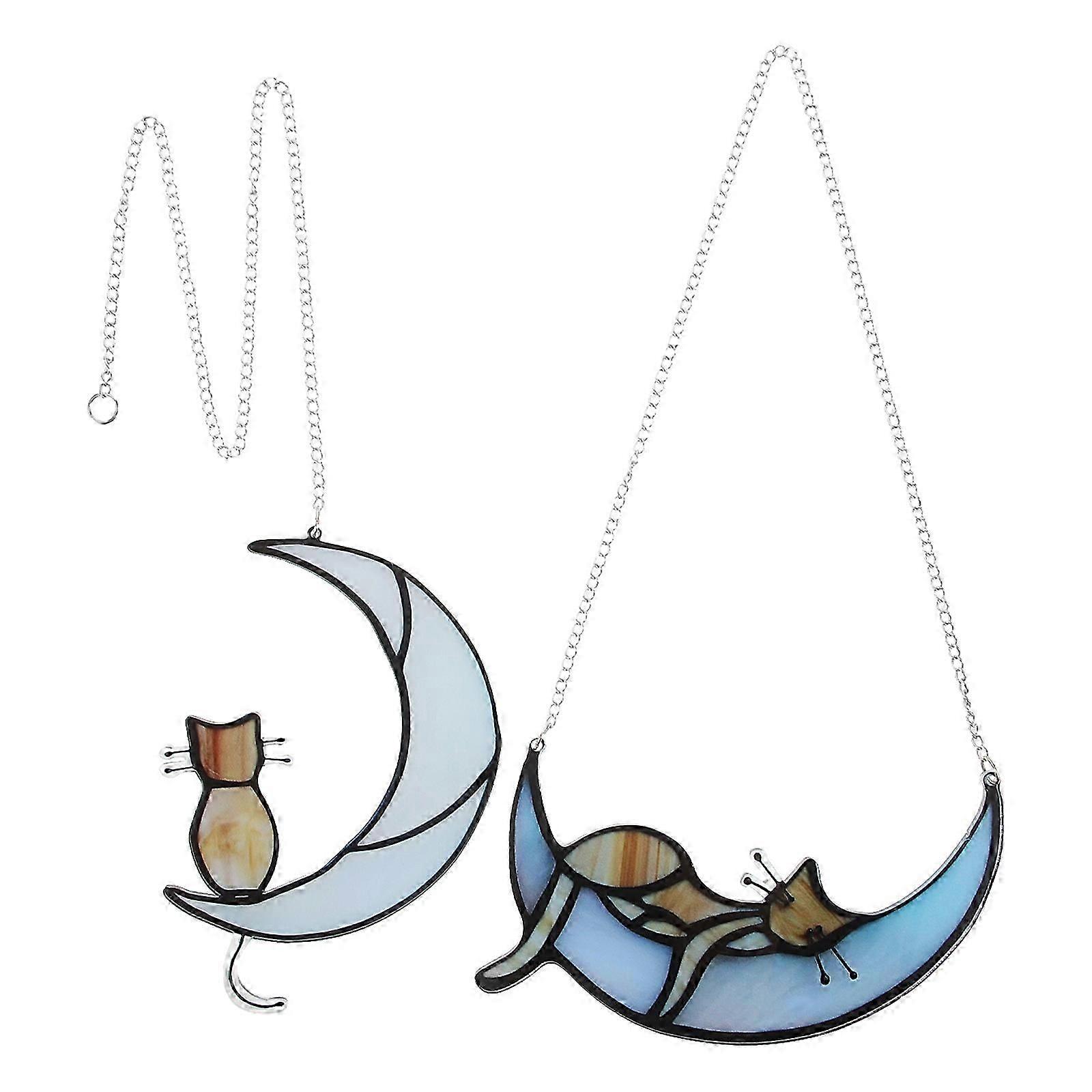 2Pcs Window Hanging Cat Moon Suncatcher Cat Moon Wall Art Acrylic Cat and Moon Wall Art Craft