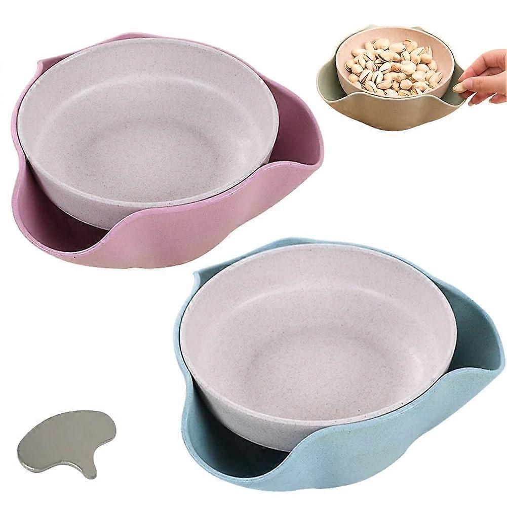 Shell Collecting Snack Bowl With Shell Storage, Pistachio Edamame Nut Snacks, Double Dish With Tools, Attached Blue Pink Bowl