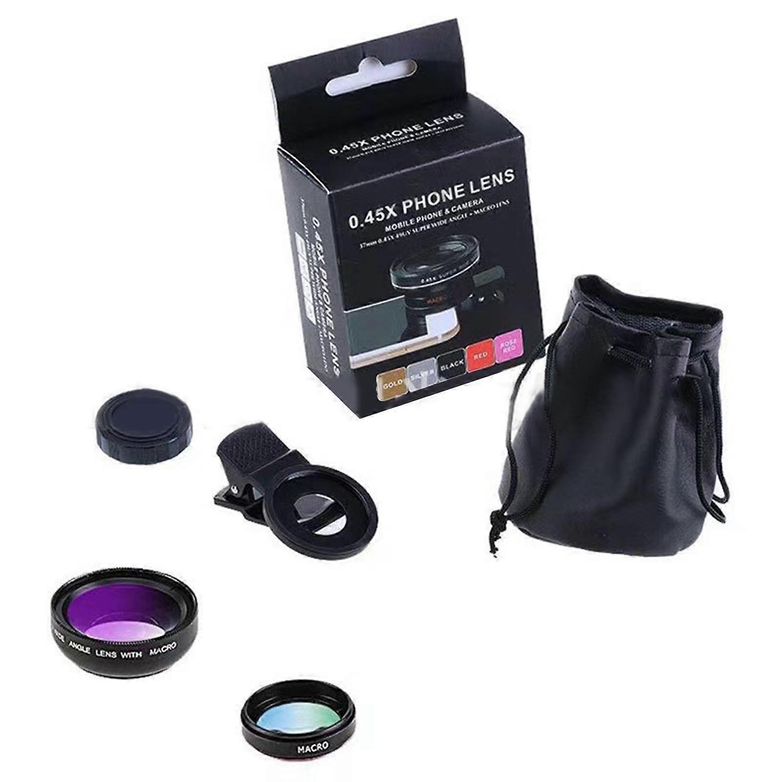 Objectif de smartphone noir 0,45X en verre optique pour appareil photo, macro et grand angle pour diffusion en direct