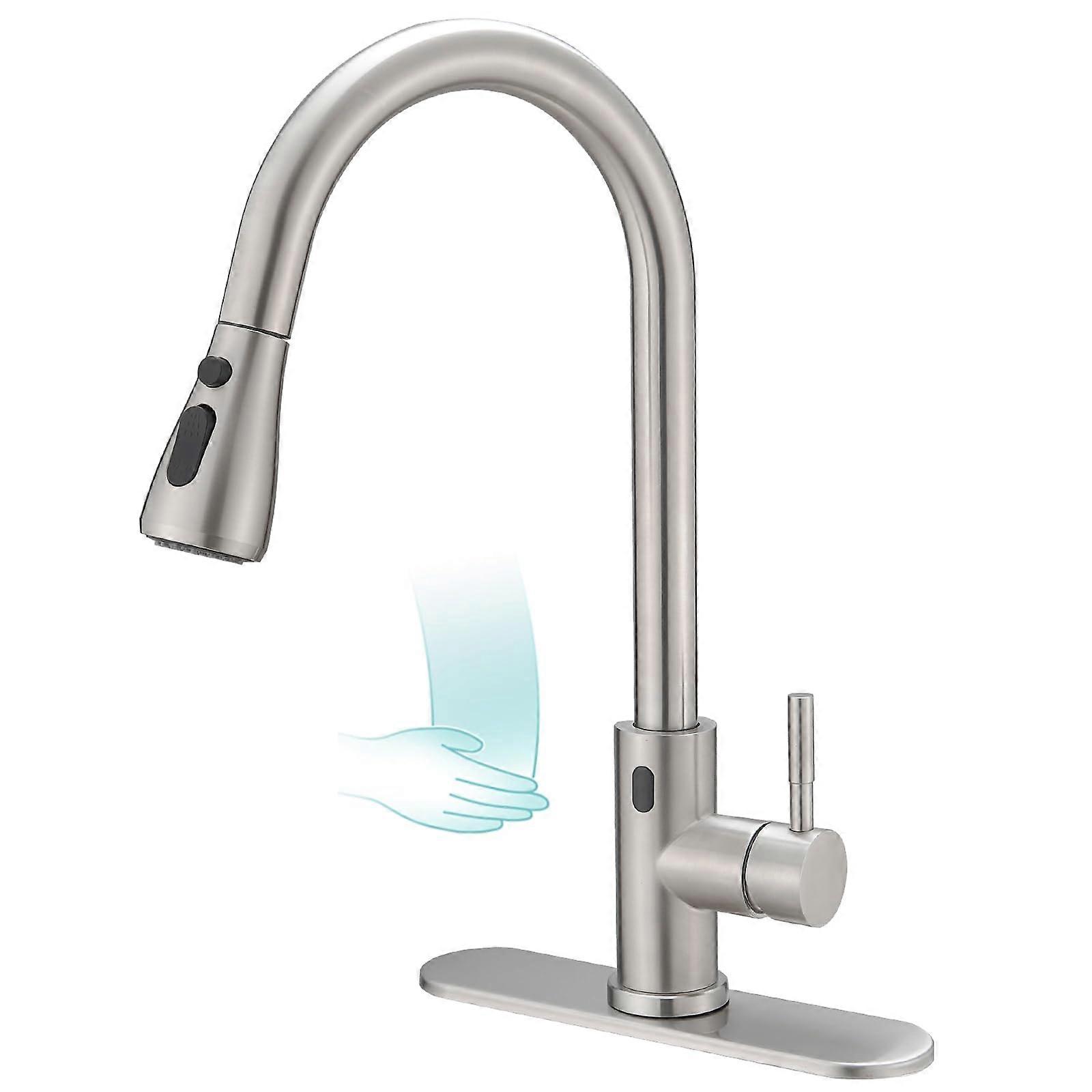 Touchless Kitchen Faucet Package Push Rod, Touch Sensor Single Terek Stainless Commercial Steel Faucet Nickel with 3 Modes Deck Monte Motion Touch