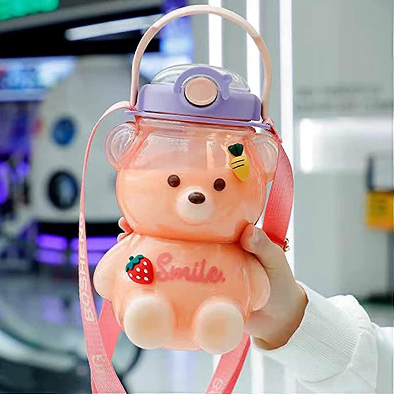 1000mlの大きなクマの形をしたウォーターボトル、ストローとストラップ付き