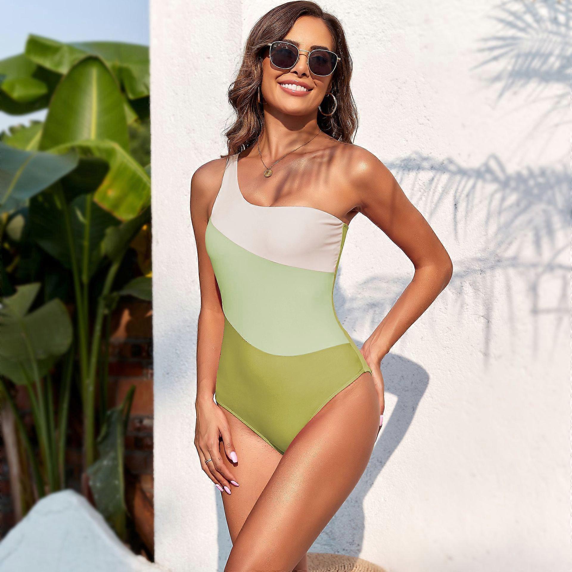 Colorblock One-Shoulder Swimsuit Asymmetric Stretch One-Piece Design