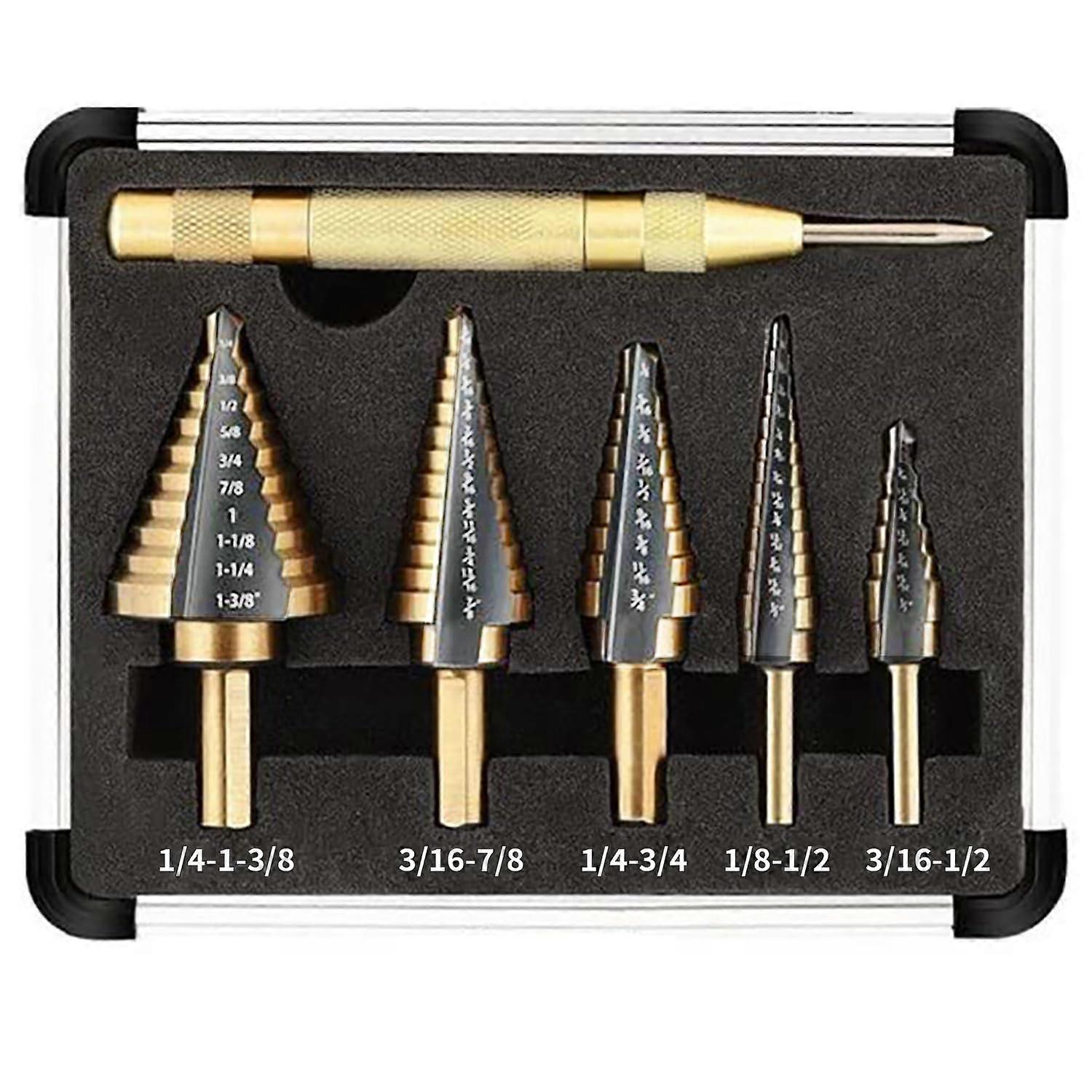 Step Drill Bit Set, Titanium-Coated, 5-Piece, Automatic Center Punch, For Metal, Wood, Plastic, With Durable Storage Case