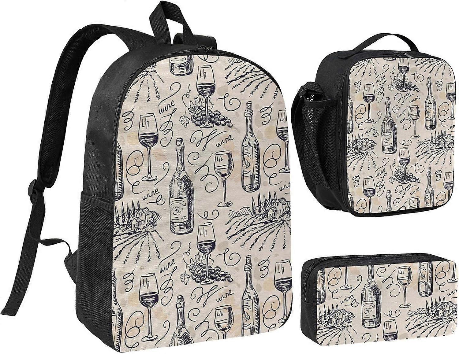Wine and Winemaking Winery Grape Field 17 Inch School Backpack Set with Pencil Case and Lunch Bag,Matching Print Design