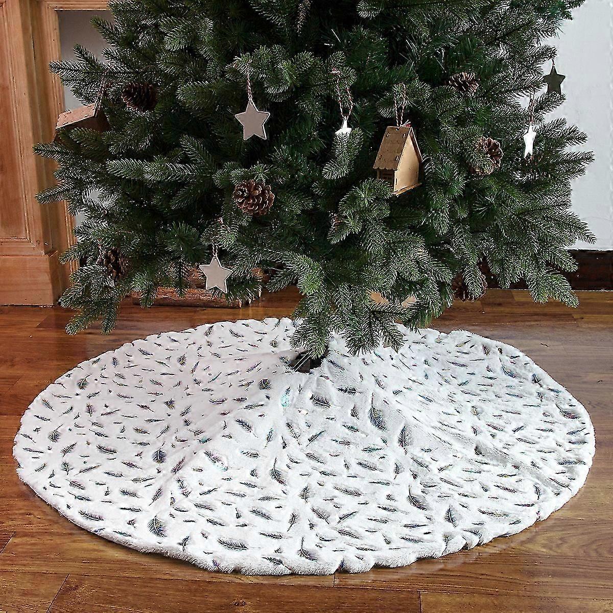Christmas Tree Skirt White, 48 Inch colour Sequin Feather Tree Skirt, Xmas Plush Tree Mat for Holiday Party Indoor Decorations