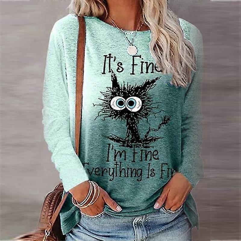 Kvinner Høst Topper Løs Katt Stekt Katt Print Kausal Langermet T-skjorte Topp Bluse