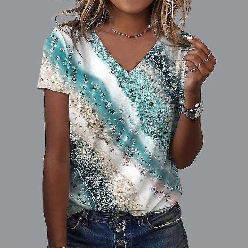 Pentru femei Decolteu în V Manșon scurt Albastru Dungi Imprimat Top Tricou lejer Cămașă casual