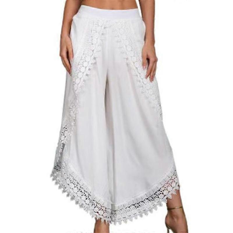Women's Spring and Summer High-waisted Wide-legged Nine-minute Pants Solid Color Lace Side Casual Pants