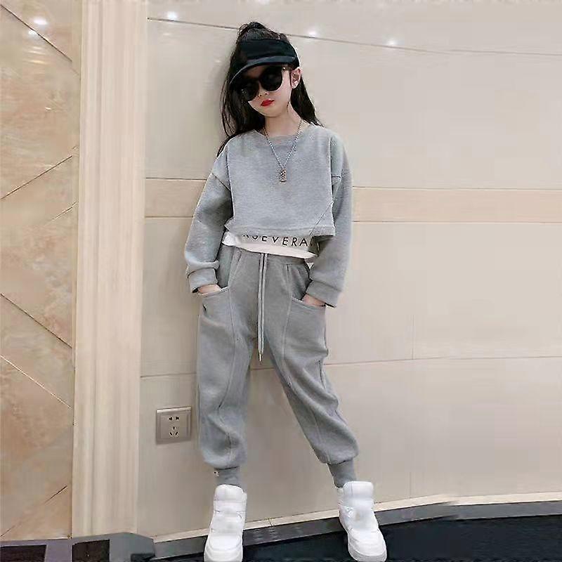 Girls Spring and Summer Big Size Casual Sports Suit Running Suit Long-sleeved Top + Pants Two-piece Set