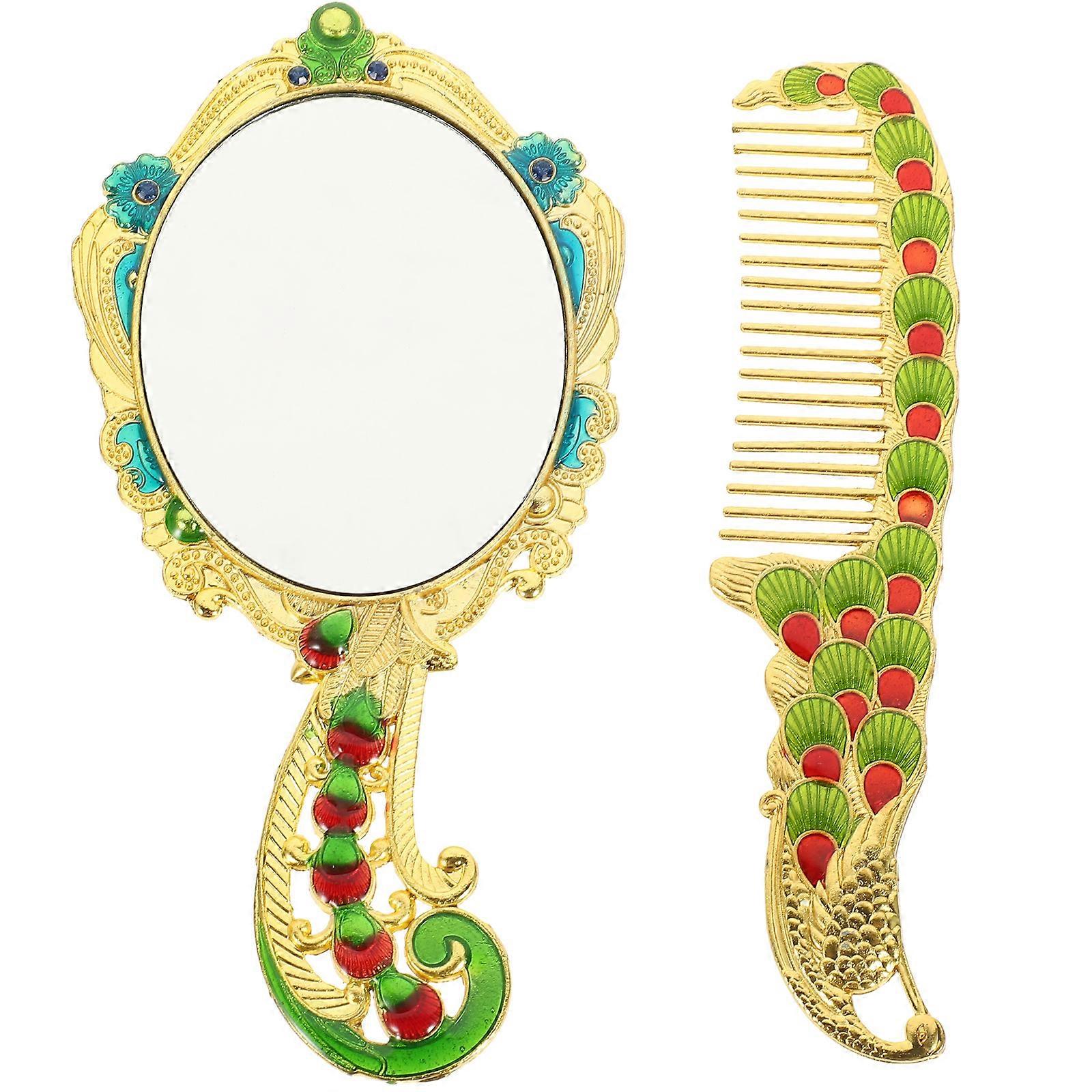 Portable Comb With Mirror Vintage Peacock Pattern Golden Makeup Tool 14.5x7x0.5cm For Home Use And School 2Pcs/Set