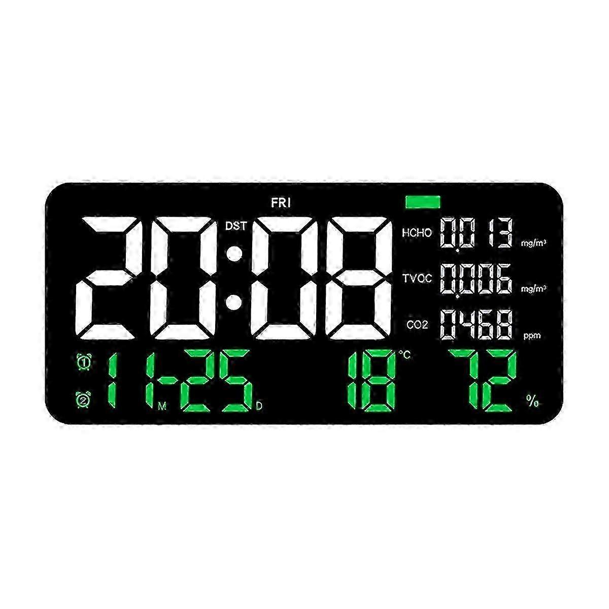 LED Digital Wall Clock Formaldehyde/CO2/TVOC Display Smoke Recognition Countdown Bedroom Decorative Clock Green