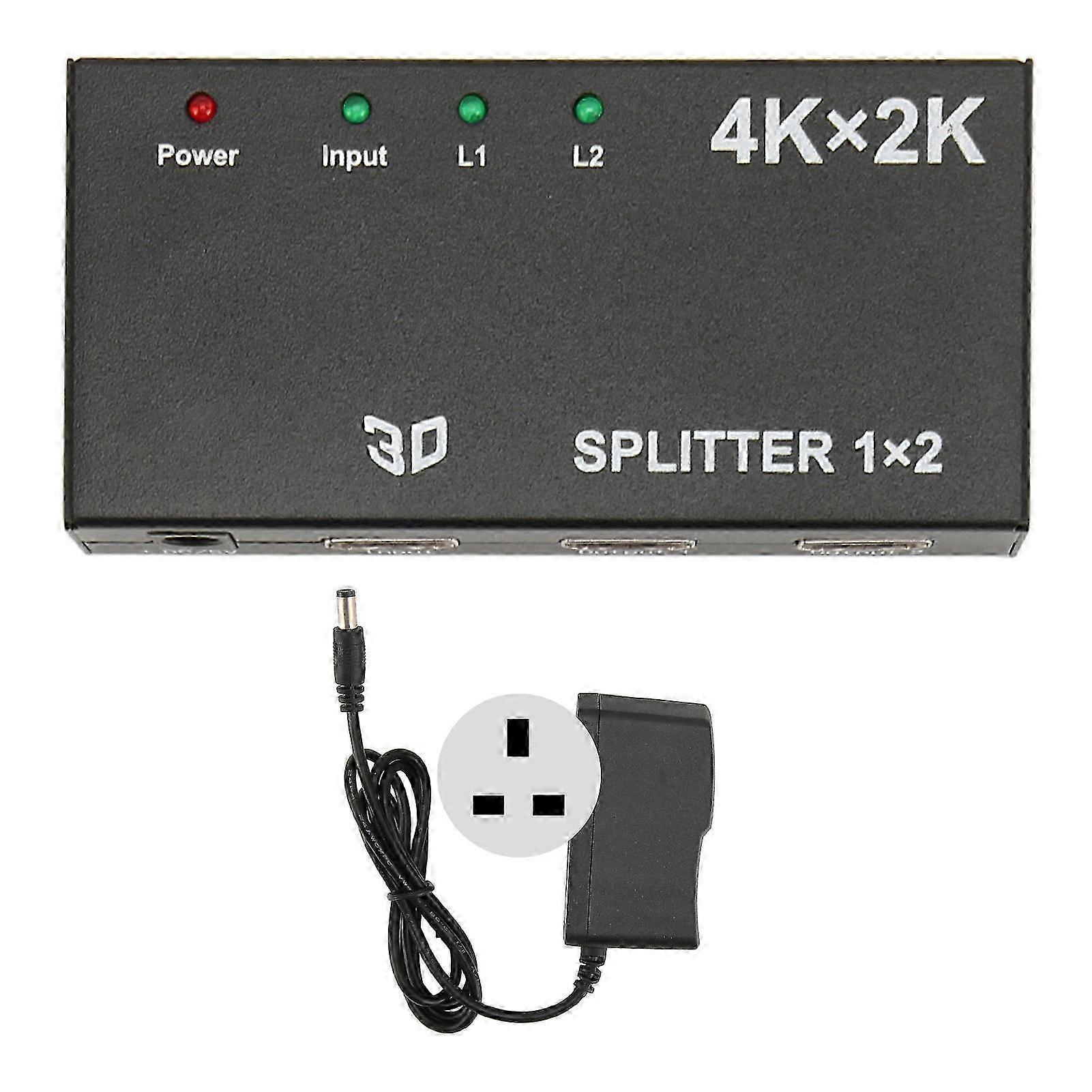 HD Multimedia Interface Splitter 1 in 2 Out 4K 2K Duplicate Mirror Screen Video Switcher with AC Adapter for TV 100-240V UK Plug