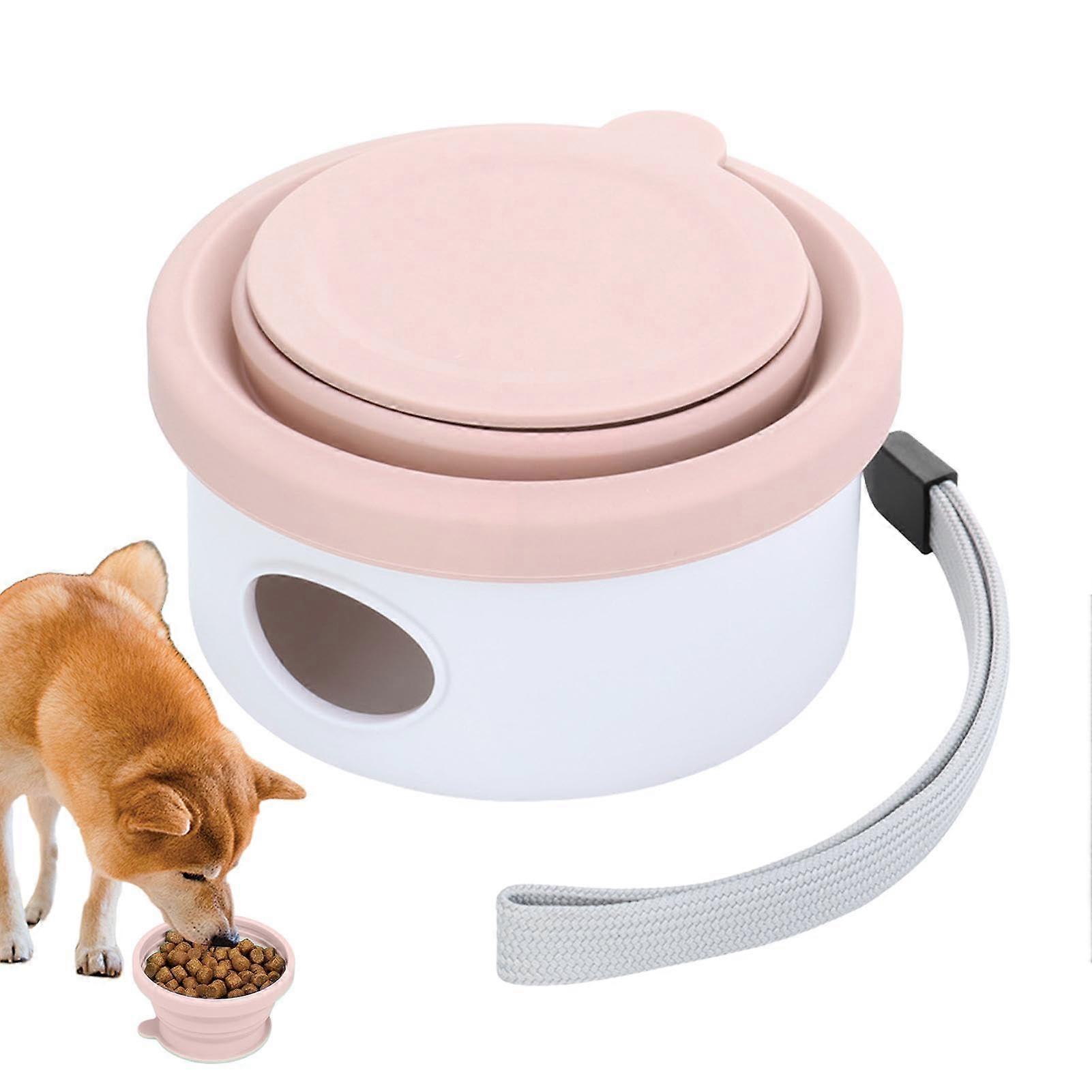 Travel Dog Bowl - Portable Folding Silicone Pet Dish with Poop Bag Holder for Camping, Hiking and Backpacking - Pink