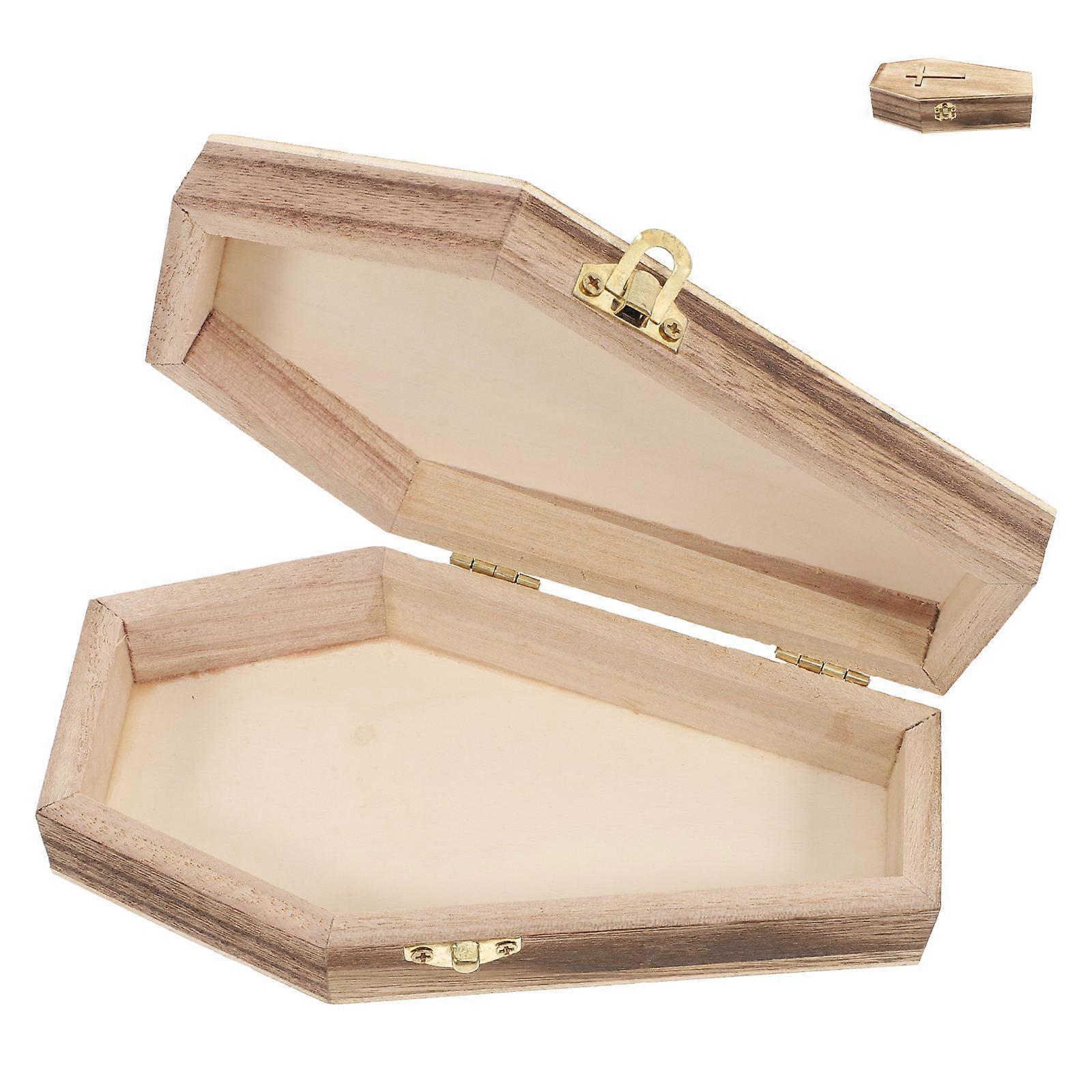 Halloween Style Coffin Shaped Home Decor Small Jewelry Storage Case Burnt Color Wood Party Prop 1Pack
