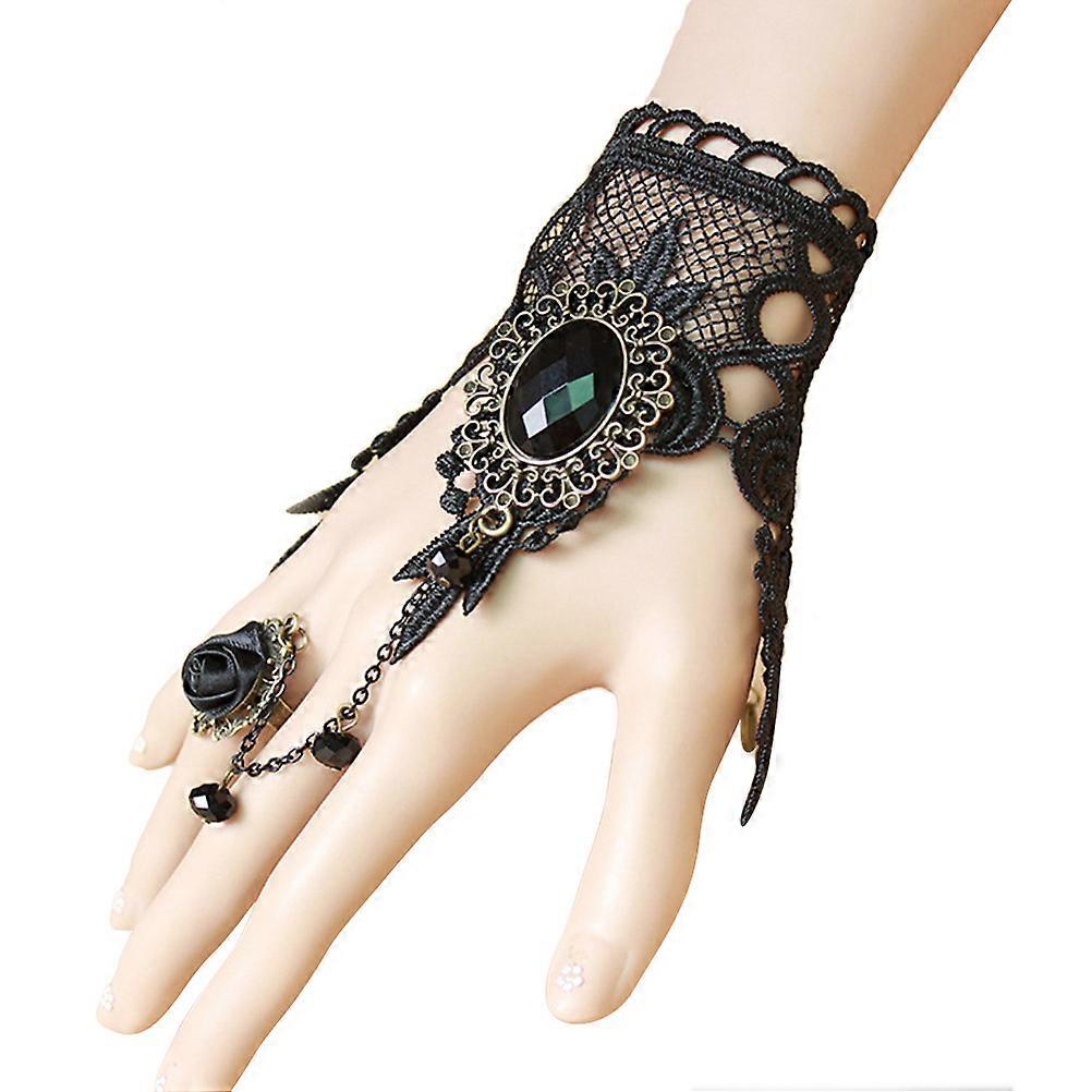 New Retro Vintage Lady Girls Rose Flower Lace Chain Wristband Bracelet With Finger Ring (Black)