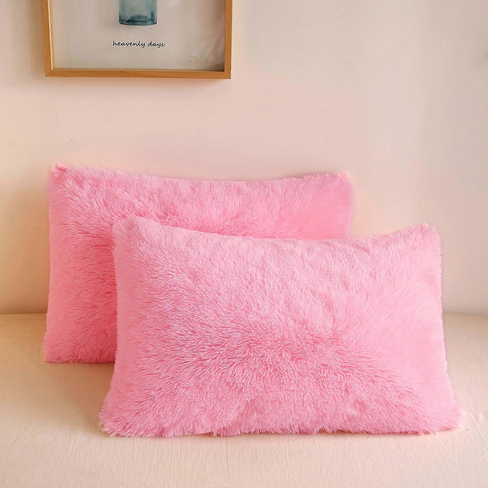 2 Pack Fluffy Faux Fur Pillowcases 50x75cm Pink Zipper Closure Standard Size Cushion Covers For Bed Sofa