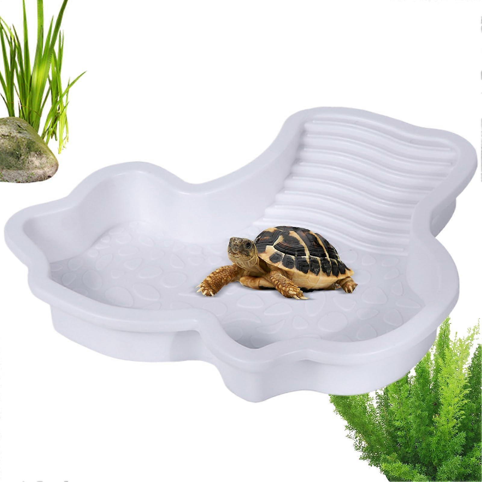 Reptile Pool Tortoise Water Bowl with Ramp, Soaking Dish, Basking Terrace, Food Bowl White