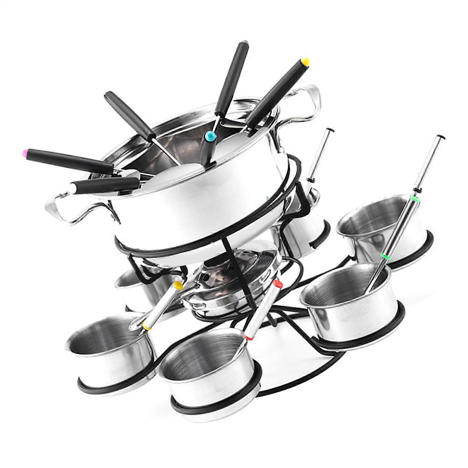 Rotating Cheese Fondue Set Stainless Steel Pot With 6 Forks And 6 Bowls, 6Person Fondue Cooking Set Pot Au