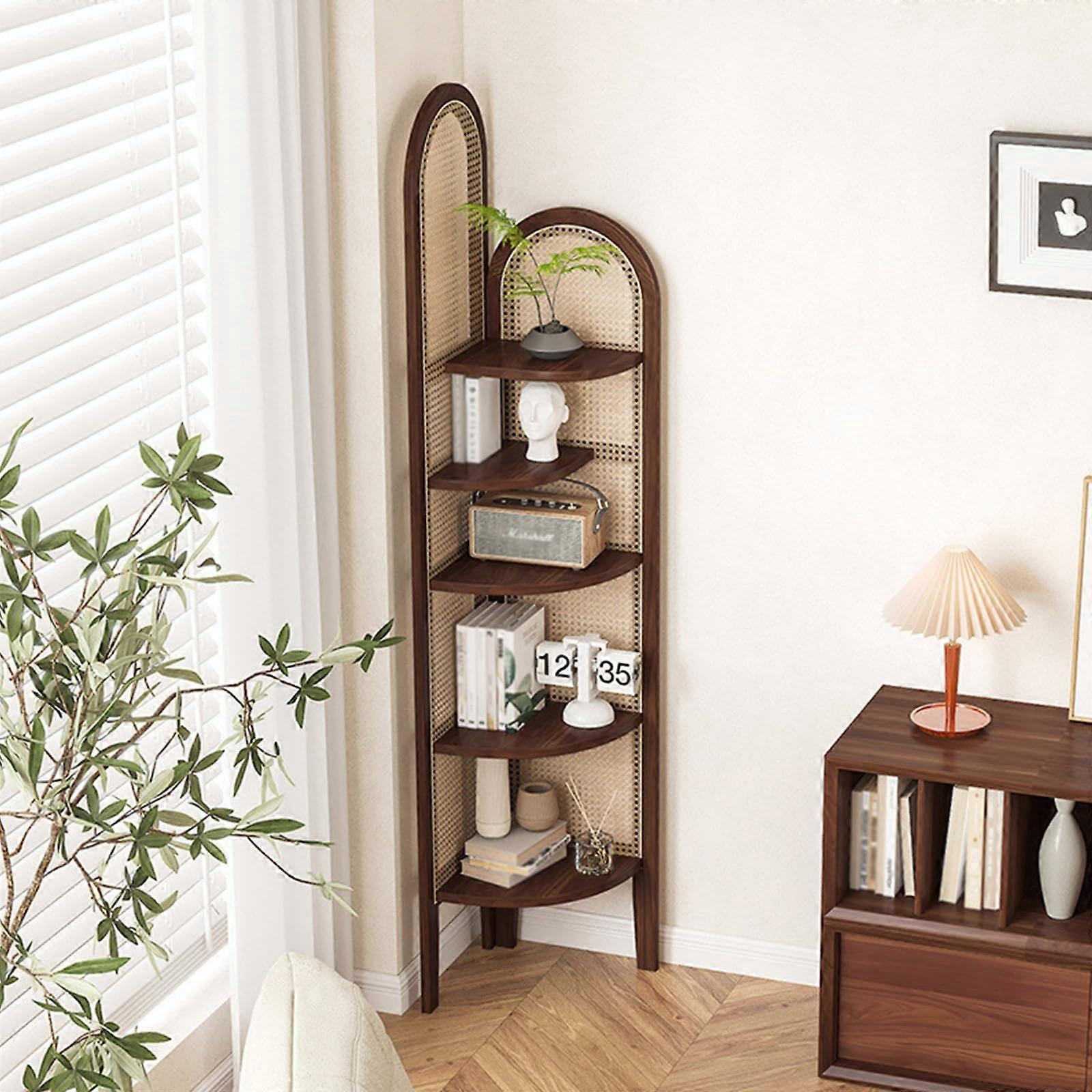 Freestanding Corner Storage Cabinet Rattan Bookshelf 4Tier, SpaceSaving Organizer for Living Room or Bedroom Brown