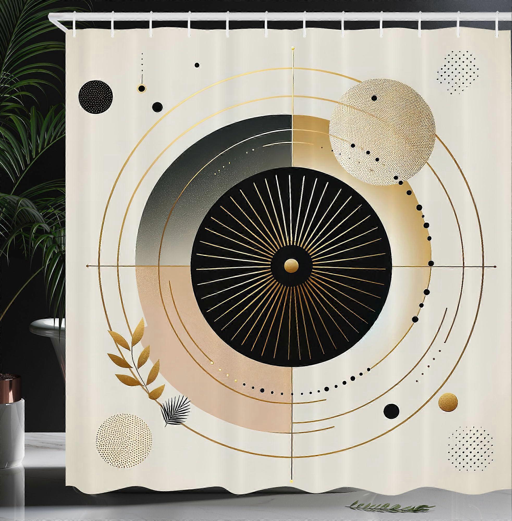 Modern Shower Curtain, Boho Space Rounds, Leafy Orbits, Cloth Fabric, 69x70 Inches, Pale Mustard And Dark Brown, Hooks Included