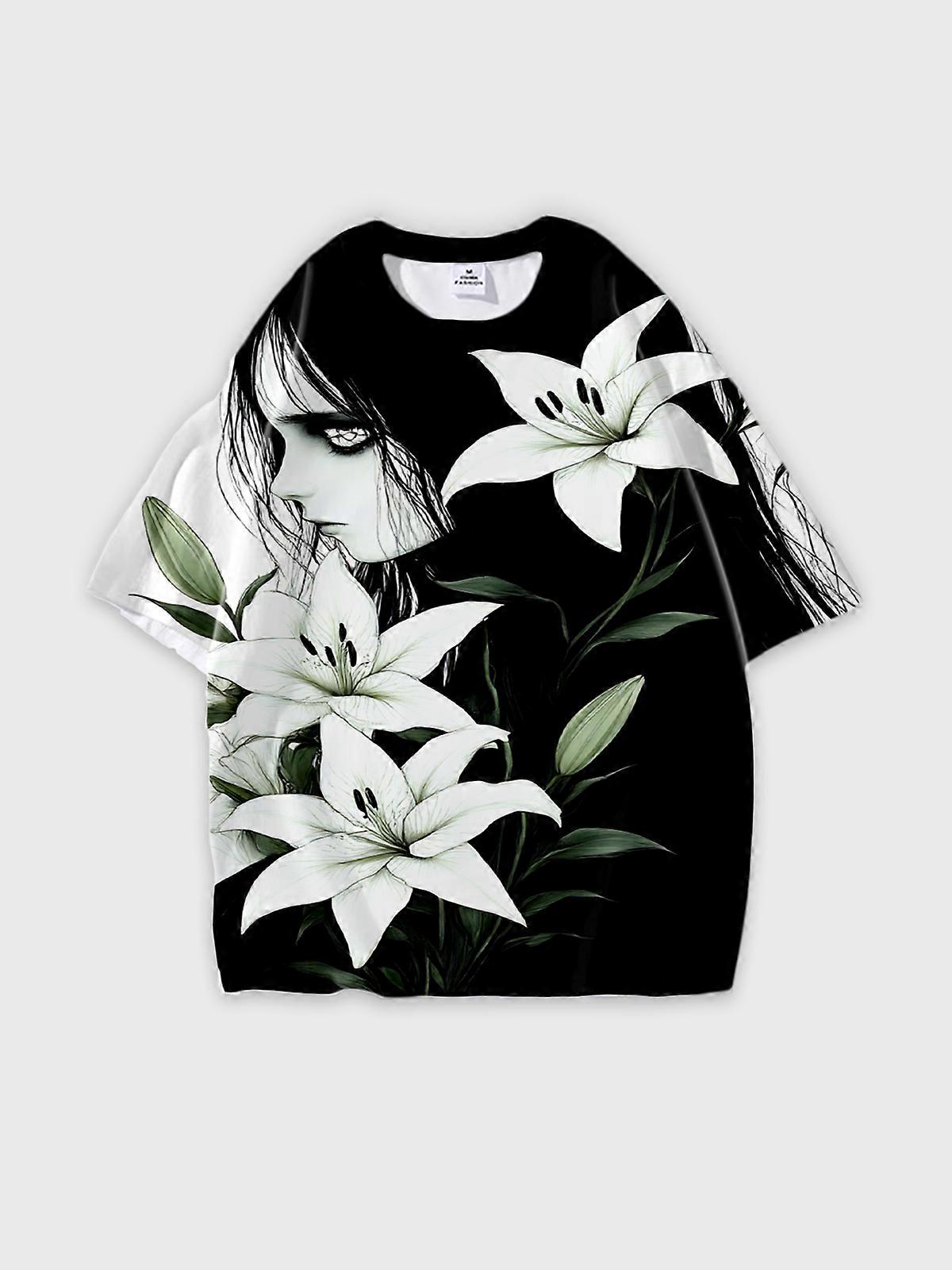T-Shirt Round Neck, Loose Short Sleeve Pattern Graphic Tee, Unisex Summer Casual Top W1941