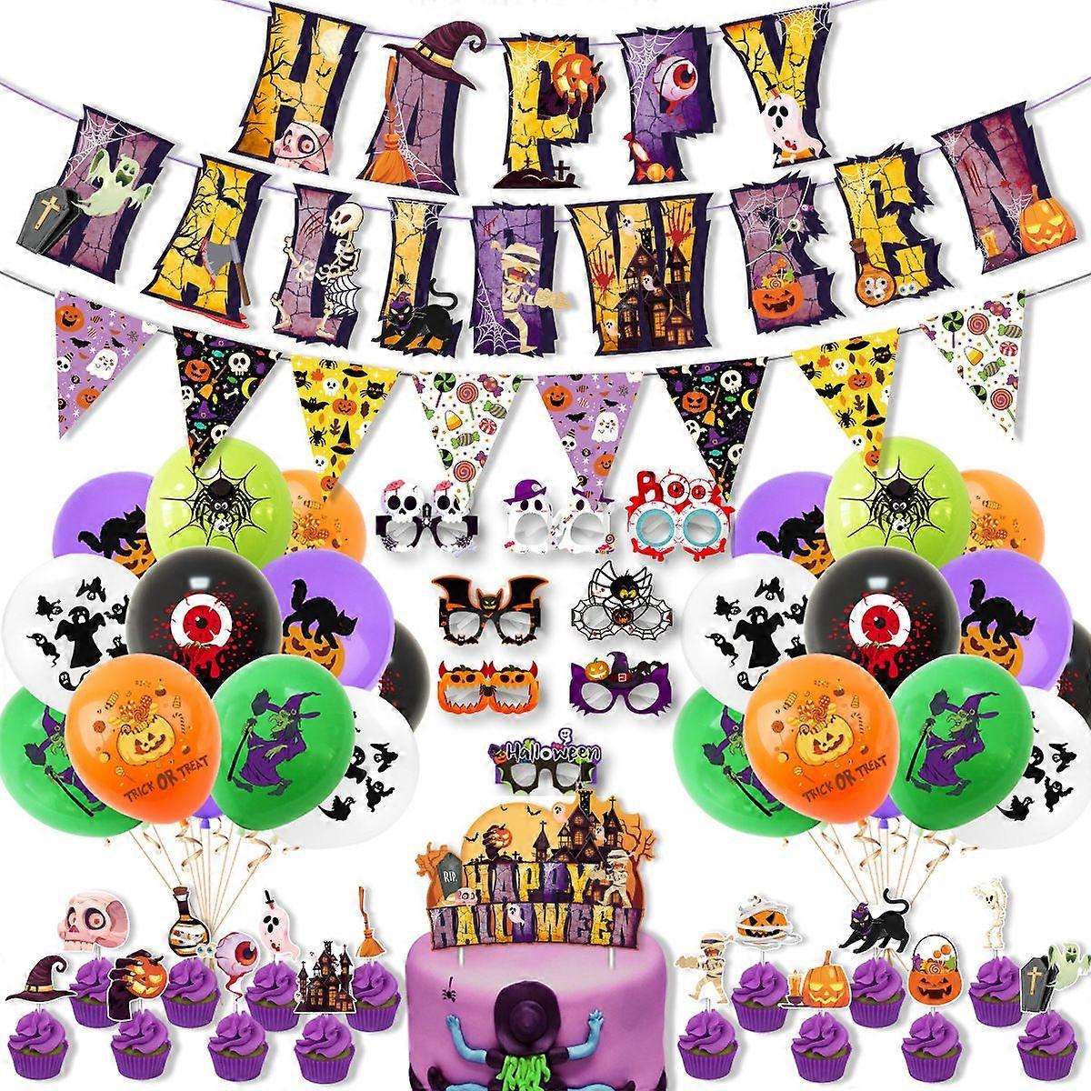 Halloween Party Decoration Set with Party Banners, Cake Toppers, and Balloon Decorations