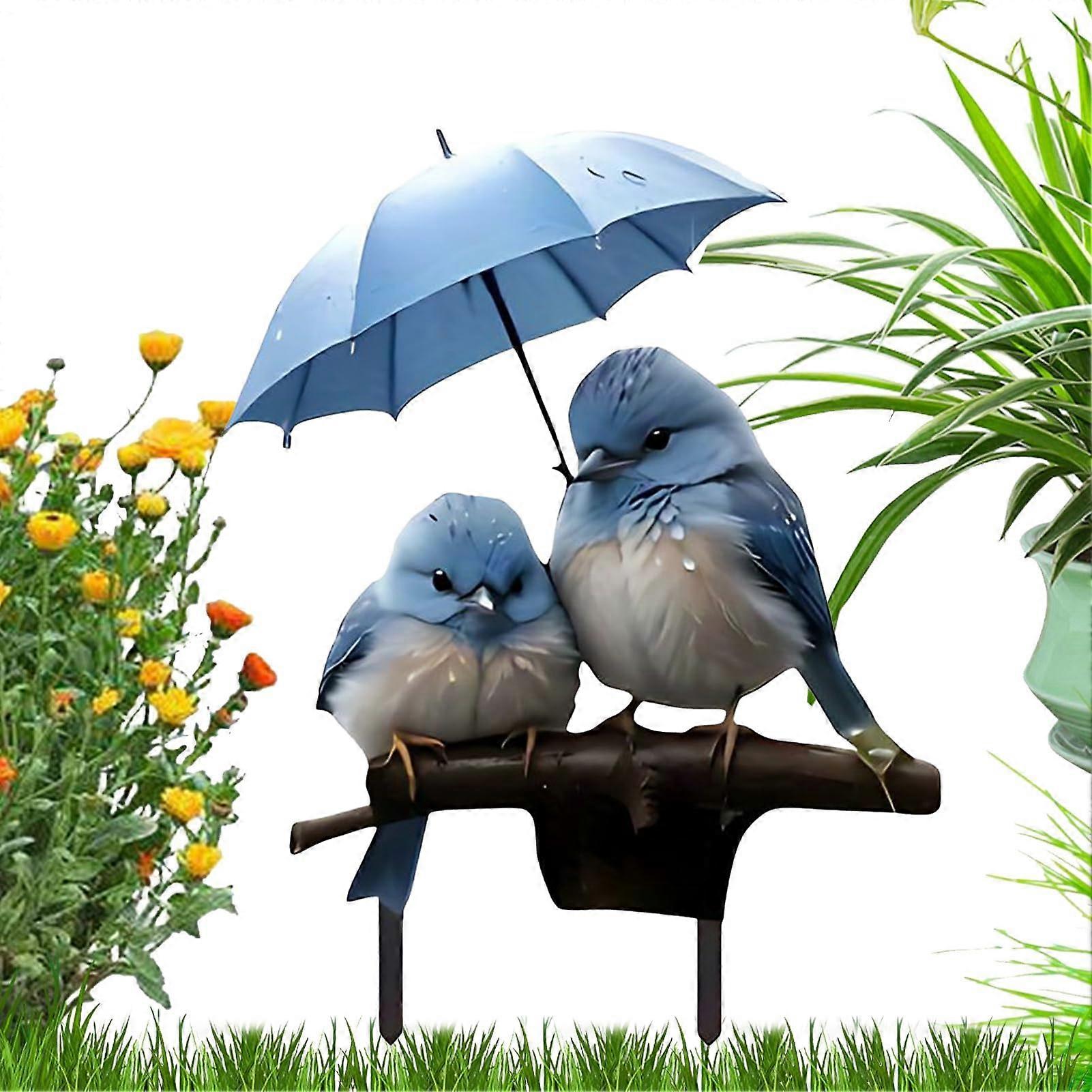 Decorative Plant Stakes 2D Acrylic Flat Ground Insert Blue Bird With Umbrella Garden Stakes For Lawn Front Yard Planters