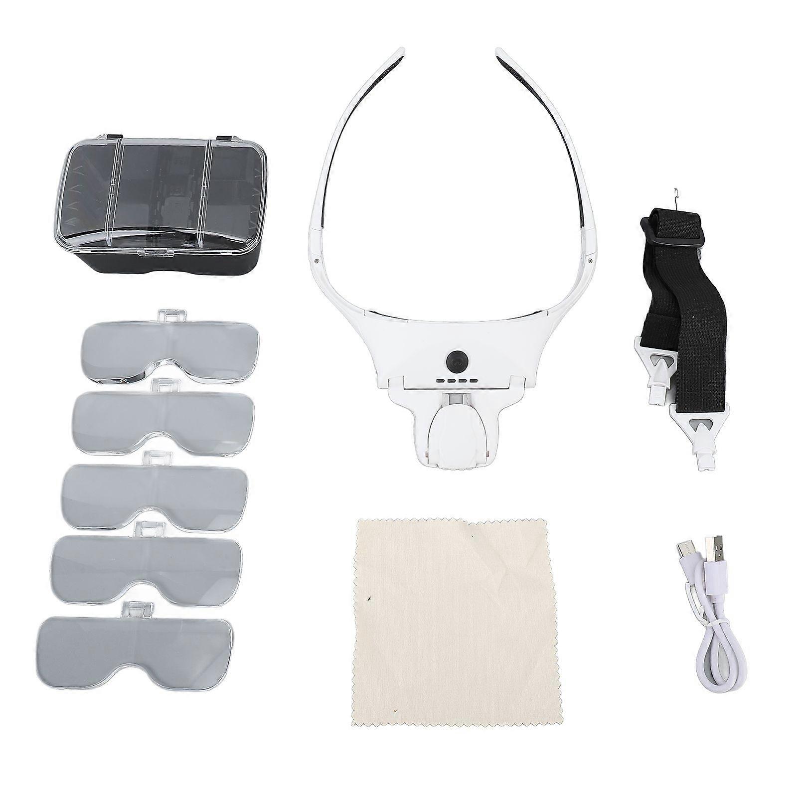 Rechargeable Headband Magnifier Hands Free Head Magnifying Glasses with 4 LED Lights 5 Detachable Lenses for Close Work