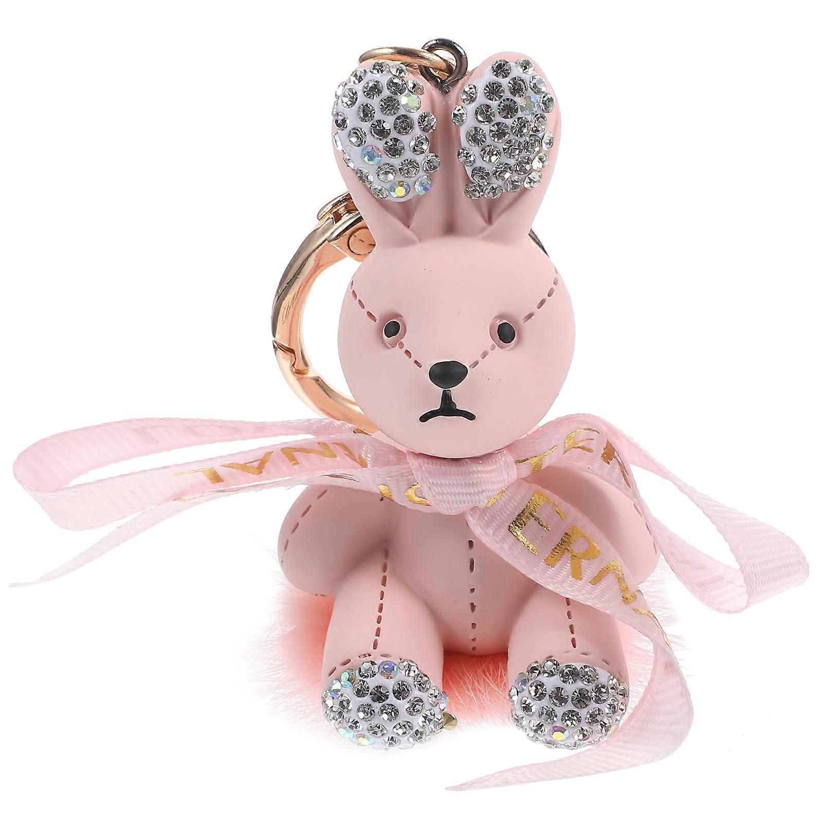 Pink Bunny Keychain For Car Keys And Bags Featuring Plush Metal Material With 4Pcs Decoration