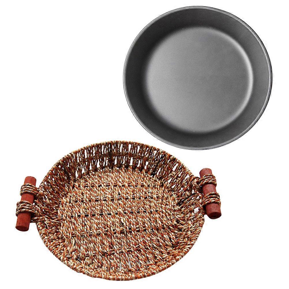 Iron Steak Plate Set Serving Dish For Family Gatherings Indoor And Outdoor Cooking With Rattan Basket And Non-Stick Properties 1 Set