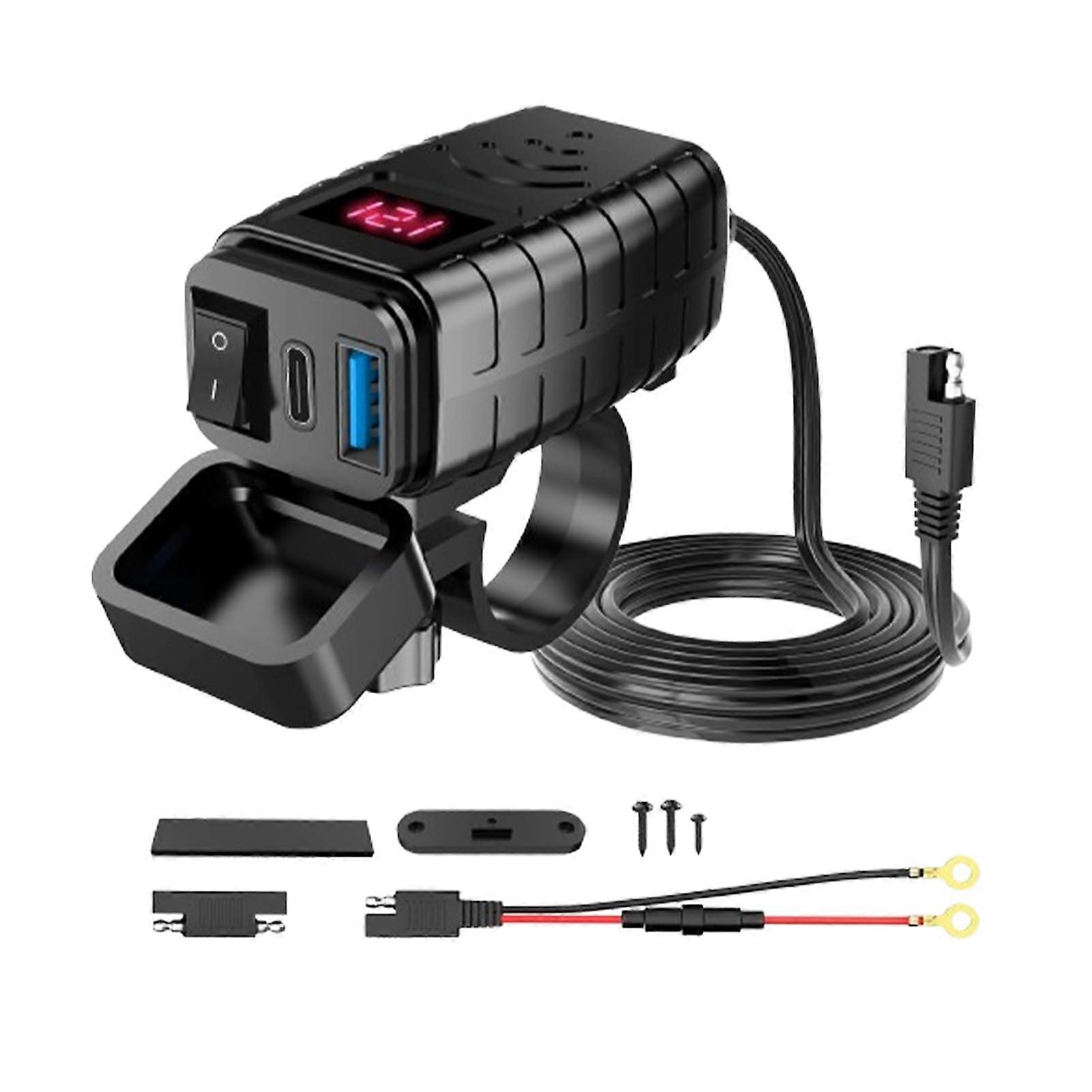 Motorbike Powering Adapter, USB Charger With Digital Voltmeter, 12V Outlet, PD Quick Charge QC 3.0, Waterproof Dock