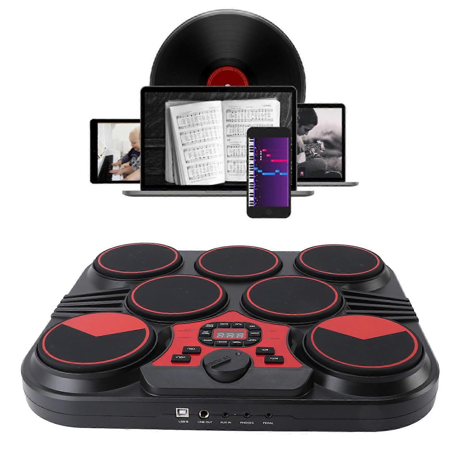 Electronic Drum Set 7 Pads Multi Sounds Rhythms USB Rechargeable Tabletop Drum Practice Pad with Sound Cable Foot Pedal 