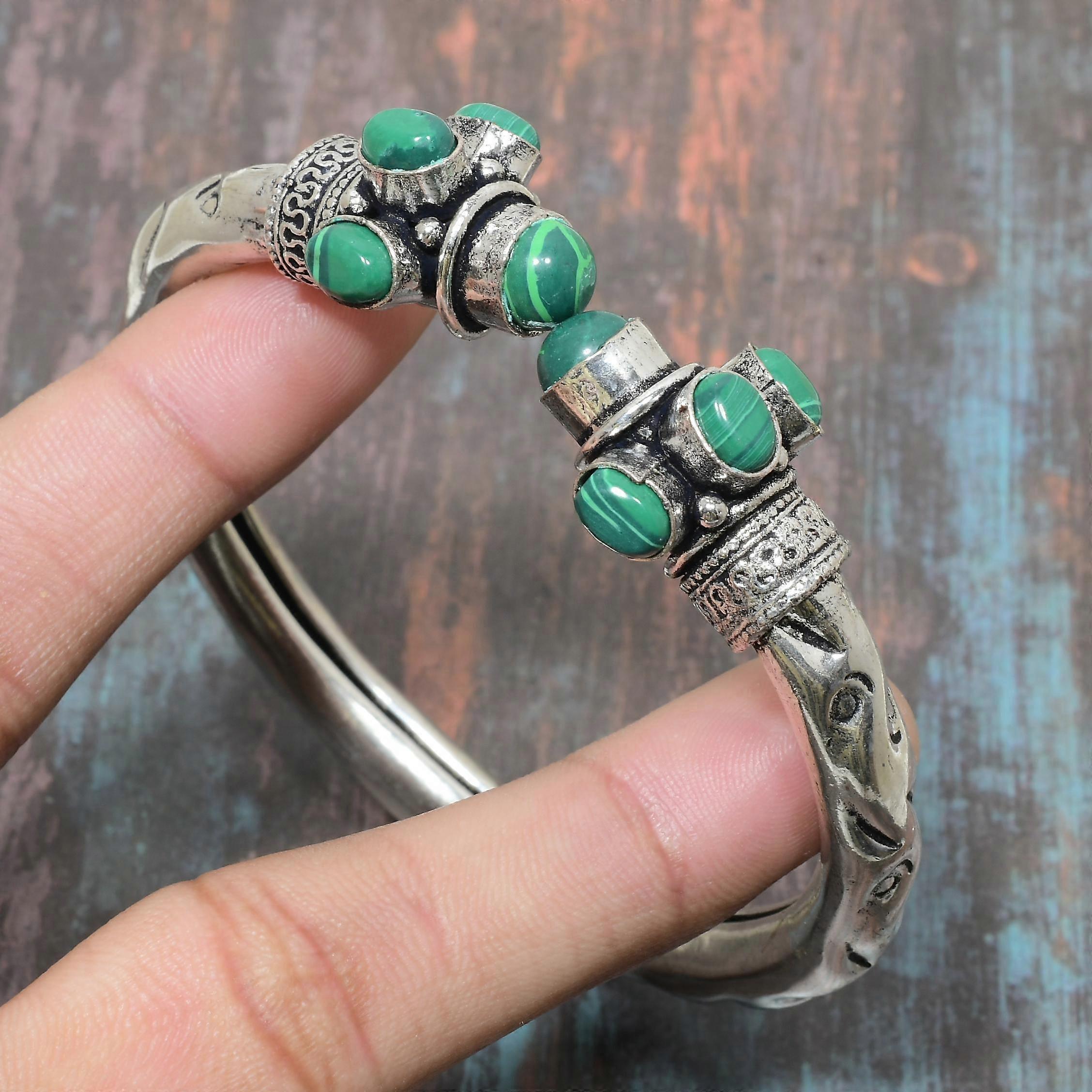 Lovely Malachite Gemstone Handmade 925 Sterling Silver Cuff Bangle Adjustable