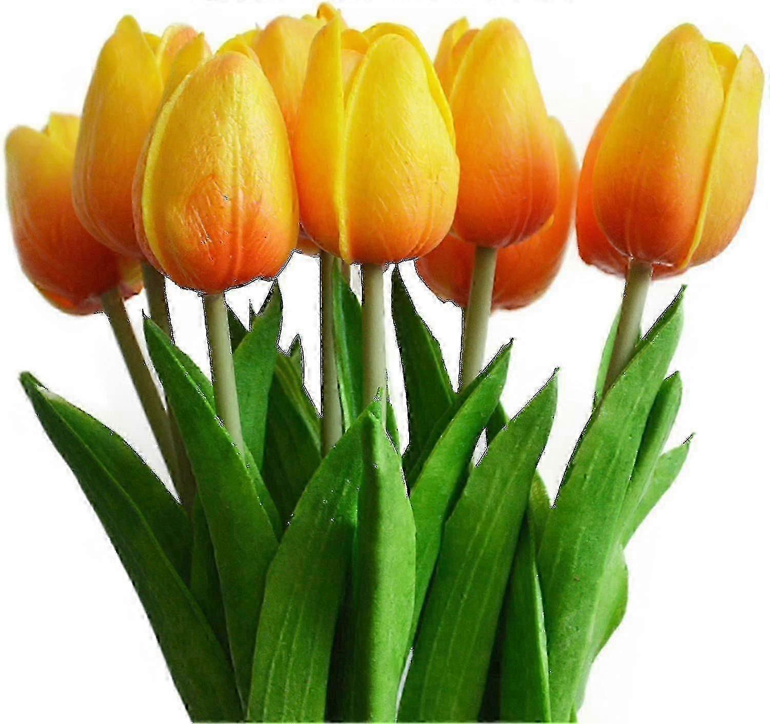 10pcs Stunning Realistic Touch Pu Artificial Tulip Bouquet With Stem-yellow