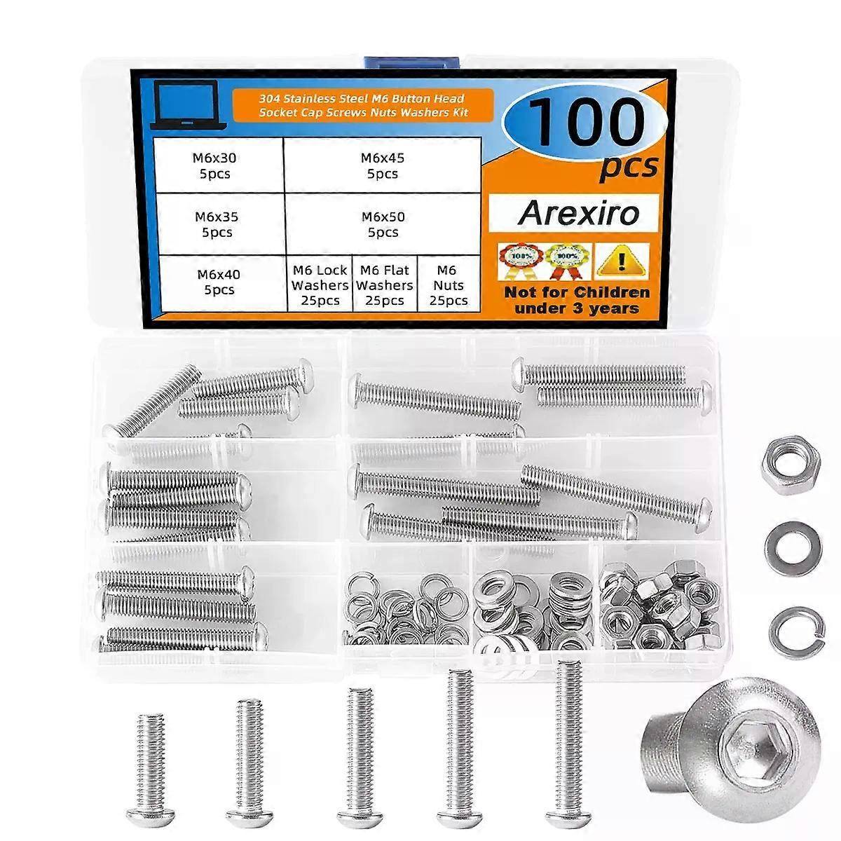 100Pcs 304 Stainless Steel M6x30/35/40/45/50mm, Button Head Hexagon Socket Screw Bolt Washer Nut Combination Kit