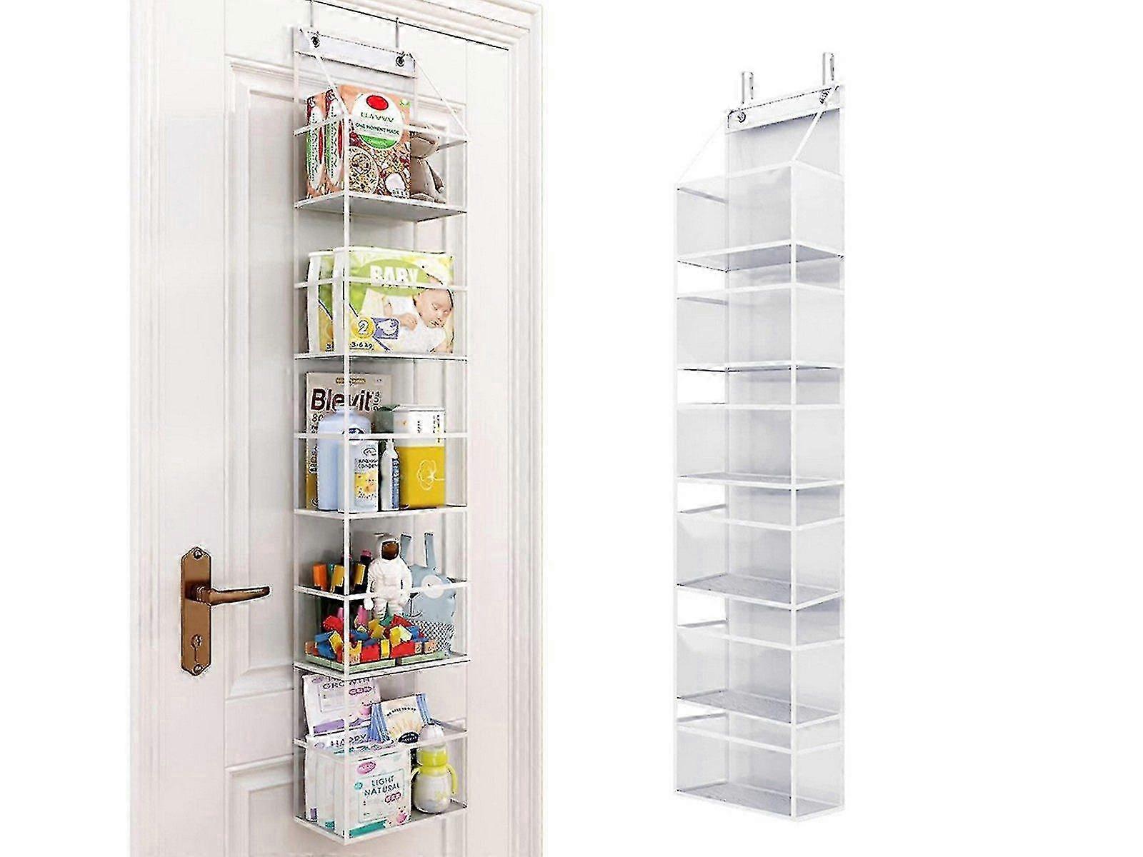 6-tier over the door organizer with white frame and clear plastic pockets