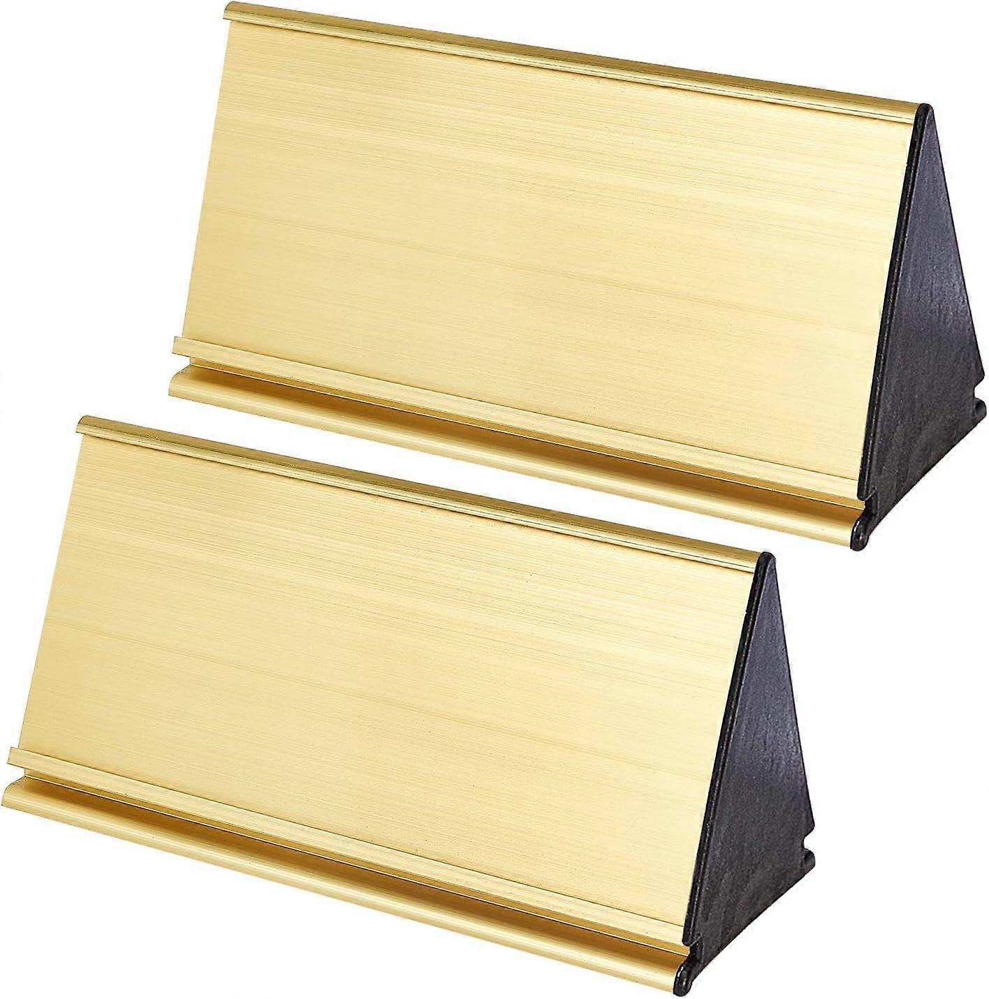2 Sets Metal Name Plate Holder 8.4x20cm Double Sided Triangle Aluminum Alloy Golden Name Display Stand for Office Business Desk Sign Plaque Making