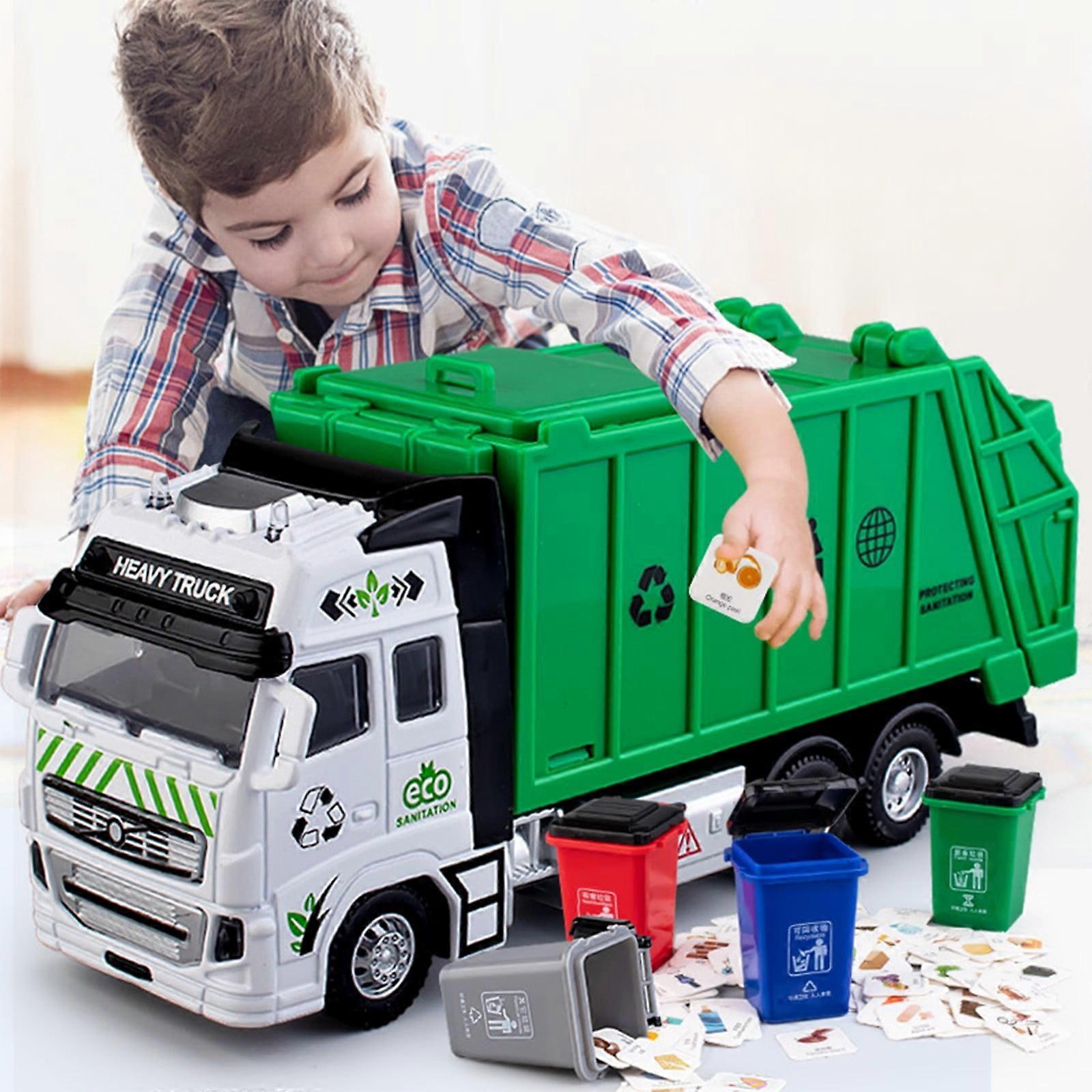 Toy Clearance! Alloy Garbage Truck Kids Toy, Self-Loading & Dumping Sanitation Truck with Hanging Bucket, Garbage Classification (Green)