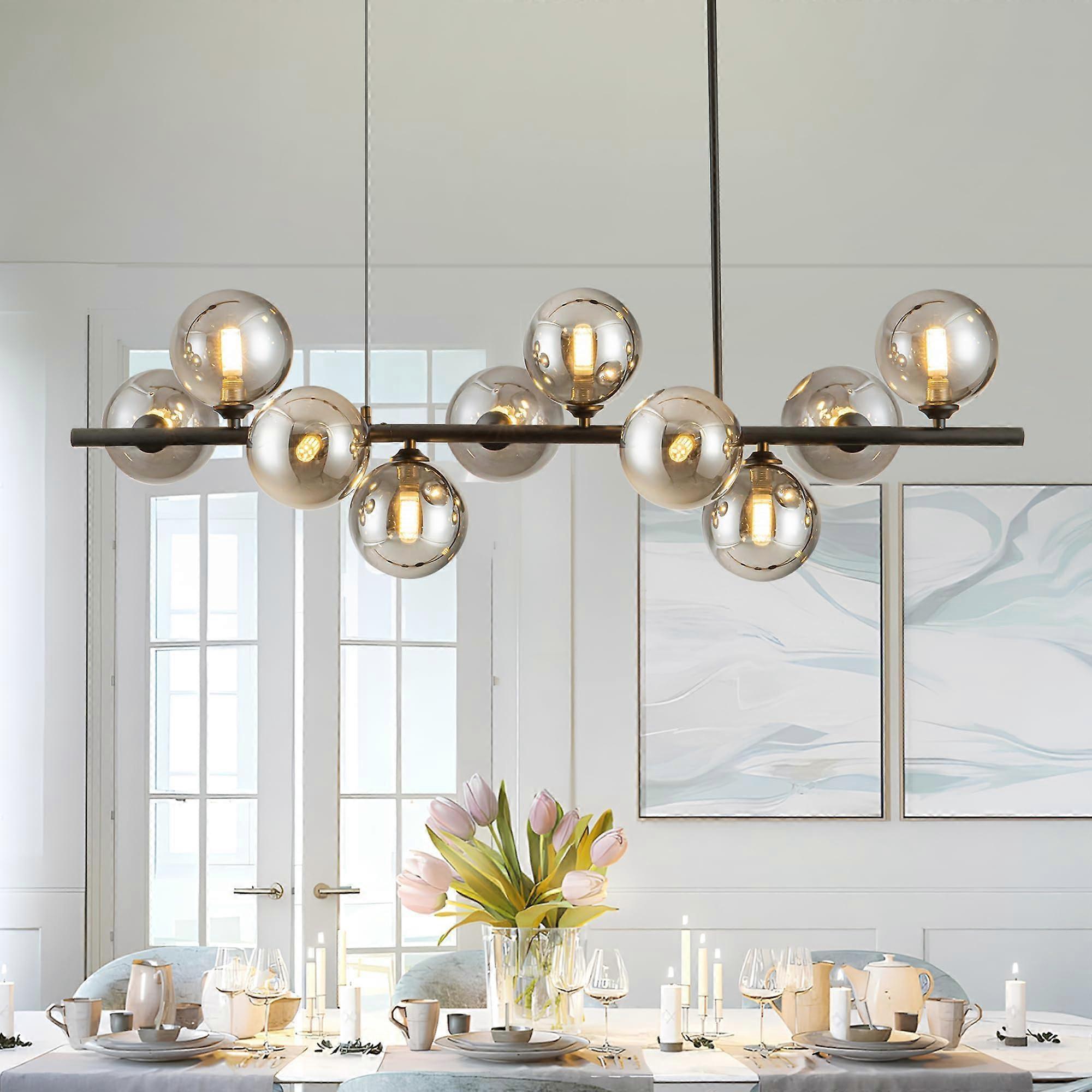 10 Light Modern Linear Chandelier with Smokey Gray Globes, Adjustable Black 40' Dining Room and Kitchen Island Lighting