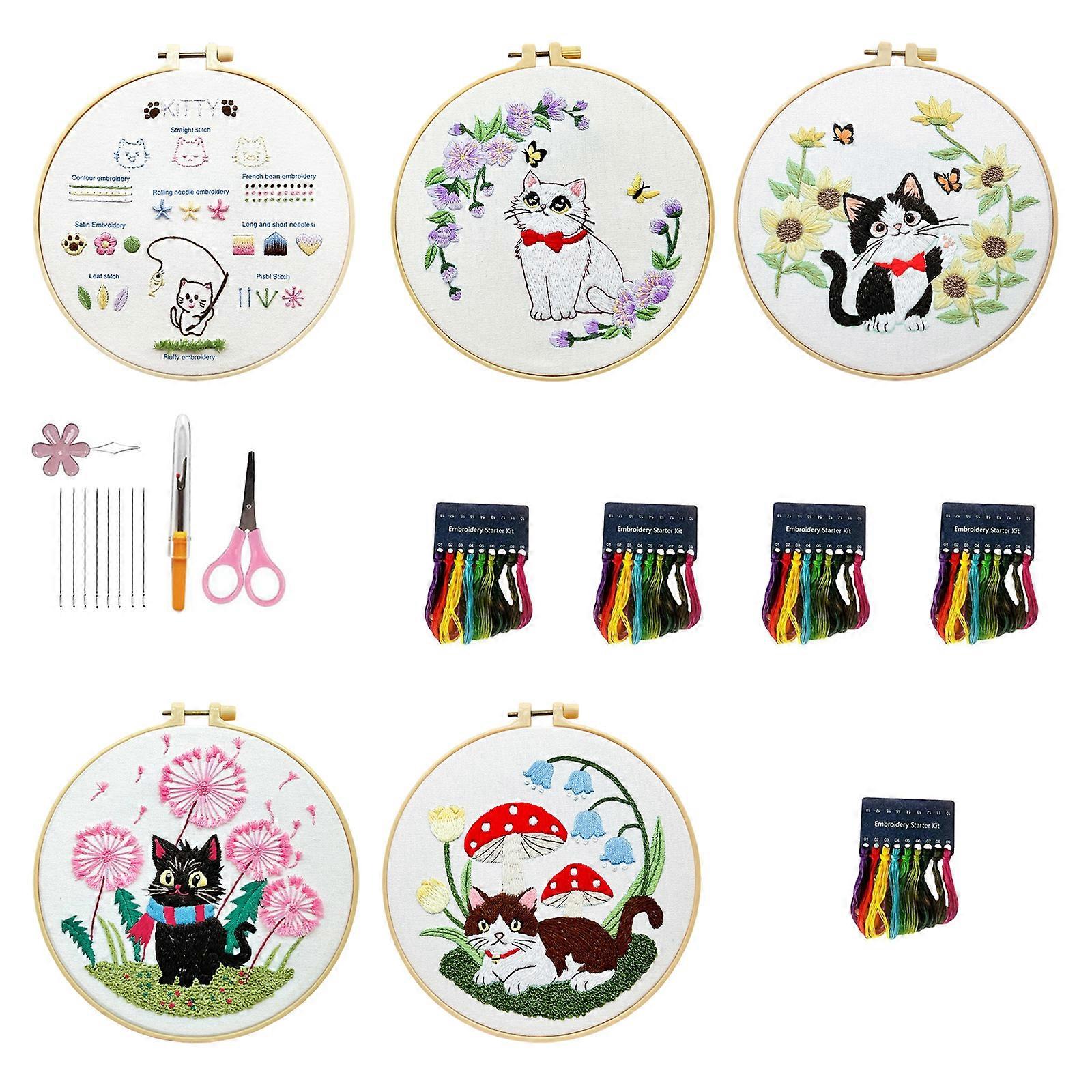 Embroidery Set Featuring Cats Designs Pattern on Canvas Fabric for Simple Stitching Fun Multicolor