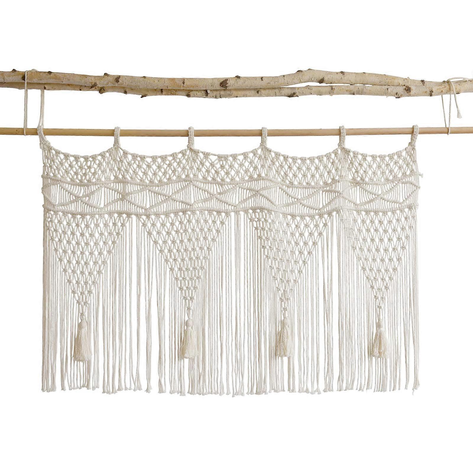 Handmade Macrame Curtain Boho Window Valance Cotton Door Divider for Kitchen 43x30 Ivory