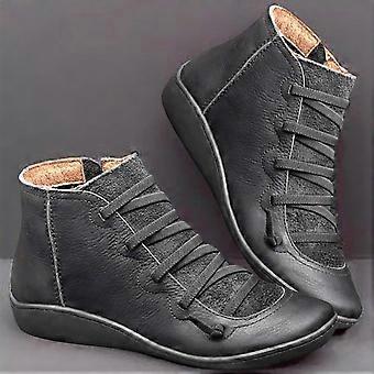 UTTOASFAY Women Casual Flat Leather Boots Retro Lace-Up Boots Side Zipper Plus Shoe Boots Gray 8.5(40)